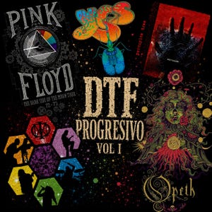 Puede incluir: Un estampado gráfico negro con el texto Pink Floyd The Dark Side of the Moon Tour 72-73, un logotipo de Yes, una imagen de Porcupine Tree Warszawa y una ilustración de Opeth. El centro muestra el texto DTF PROGRESIVO VOL I con siluetas hexagonales coloridas.