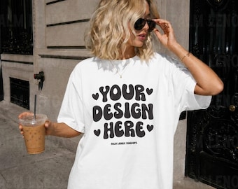 Comfort Colors C1717 White Tshirt Mockup, Trendy Woman Oversized C1717, White Comfort Colors Streetwear Mockup Trendy Lifestyle City Mockup