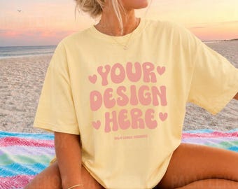Comfort Colors C1717 Butter Tshirt Mockup, Female Model, Summer Mockups, Butter Shirt, Oversized C1717, Beach Lifestyle Mocks