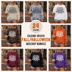 Gildan 18000 mockup-bundel, Halloween-bundel, herfstmockups, Gildan sweatshirt-mockups voor het griezelige seizoen, G18000 model mockup-bundel