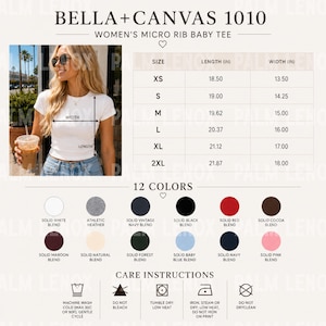 May include: A white micro rib baby tee from Bella+Canvas 1010. The image includes a size chart with length and width measurements in inches, a list of 12 available colours, and care instructions including machine wash cold and tumble dry low.