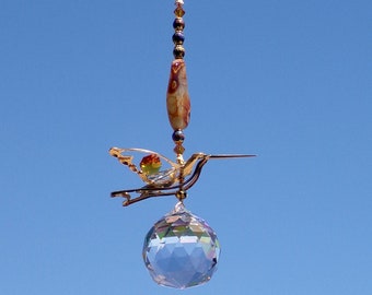 HUMMINGBIRD SWAROVSKI SUNCATCHER Fire Agate Tigereye 50mm Faceted Crystal Asfour Hanging Window Chandelier Art Suncatcher Feng Shui Gift