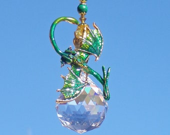 DRAGON CRYSTAL SUNCATCHER Winged Wyvern Citrine Malachite Hematite Gemstone Window Art Faceted Prism Sun Catcher Home Decor Mystical Magical