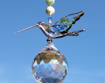 SWAROVSKI HUMMINGBIRD SUNCATCHER 50mm Asfour Window Prism Crystal Hanging Sun Catcher Jade Sapphire Peridot Art Decor Feng Shui Rainbow Gift