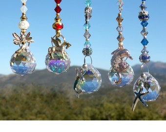 CRYSTAL Rearview MIRROR CHARMS Fairy Pegasus Mermaid Dolphin Starfish Window Ornaments Decor Art Fan Pull Asfour Chandelier Prism Suncatcher