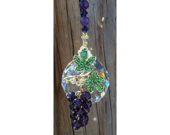 CRYSTAL SUNCATCHER: GRAPES Amethyst Gemstones Grape Cluster Rhinestone Leaves Asfour Prism Hanging Window Art Decor Rainbows Feng Shui Gift