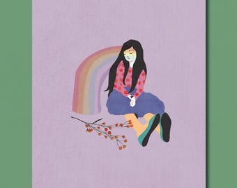 Cartão "Pensando em Você" para Imprimir | Arte para Impressão com Menina Arco-Íris | Cartão de Cumprimentos Roxo Pastel | Modelo Digital Dobrável para Download