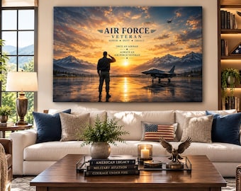 May include: A rectangular wall art print featuring a sunset landscape with a silhouette of a person in uniform saluting, a fighter jet, and mountains. The text reads AIR FORCE VETERAN, HONOR DUTY LEGACY, ONCE AN AIRMAN, ALWAYS AN AIR FORCE VETERAN.