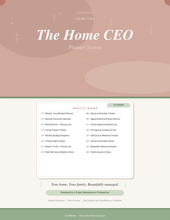 Home CEO Planner Bundle | Printable Household Binder Inserts | Family Command Center Organizer | Daily Weekly Meal Tracker Mom PDF