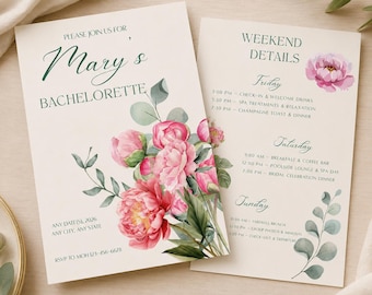 独身最後のパーティー招待状＆週末旅行プランテンプレート、編集可能な花柄ブライダルシャワー招待状、牡丹柄のバチェロレッテパーティー招待状、Canvaテンプレート