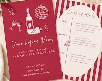 Invitación e itinerario para despedida de soltera, Vino antes de los votos, Fiesta nupcial en Napa Valley, Plantilla editable de Canva, Descarga instantánea