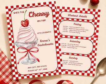 Cherry On Top バチェロレッテ招待状＆旅程表テンプレート、レトロチェリーブライダルシャワー招待状、編集可能なCanvaテンプレート、即時ダウンロード