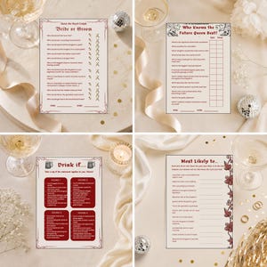 Puede incluir: Un conjunto de cuatro tarjetas de juego impresas para una boda. Las tarjetas incluyen t&iacute;tulos como Guess the Royal Couple, Who Knows the Future Queen Best, Drink if y Most Likely to, con varias preguntas y textos en color rojo oscuro.