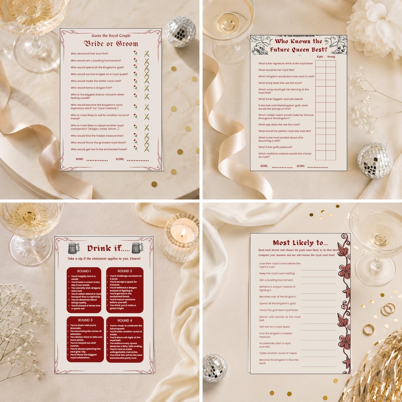 Puede incluir: Un conjunto de cuatro tarjetas de juego impresas para una boda. Las tarjetas incluyen t&iacute;tulos como Guess the Royal Couple, Who Knows the Future Queen Best, Drink if y Most Likely to, con varias preguntas y textos en color rojo oscuro.