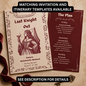 Puede incluir: Una invitaci&oacute;n beige y una tarjeta de itinerario rojo oscuro con ilustraciones de estilo medieval de una persona con un c&oacute;ctel. El texto incluye Last Knight Out, Emma's Bachelorette Weekend y un horario titulado The Plan con eventos de viernes a domingo.