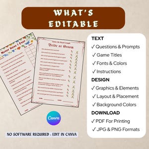 Puede incluir: Dos tarjetas de juego imprimibles tituladas Never Have I Ever y Bride or Groom con detalles florales. Un cuadro de texto enumera las funciones editables, incluyendo preguntas, t&iacute;tulos de juegos, fuentes, colores, instrucciones, gr&aacute;ficos y dise&ntilde;o.
