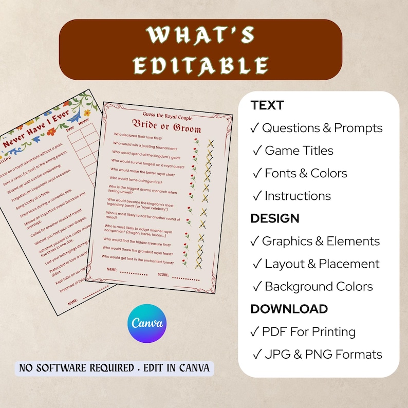 Puede incluir: Dos tarjetas de juego imprimibles tituladas Never Have I Ever y Bride or Groom con detalles florales. Un cuadro de texto enumera las funciones editables, incluyendo preguntas, t&iacute;tulos de juegos, fuentes, colores, instrucciones, gr&aacute;ficos y dise&ntilde;o.
