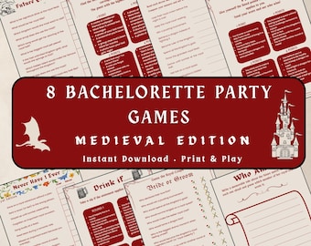 Paquete de juegos para despedida de soltera "Last Night Out", juegos medievales para despedida de soltera, juegos reales para despedida de soltera, juegos imprimibles para despedida de soltera, plantillas editables de Canva.