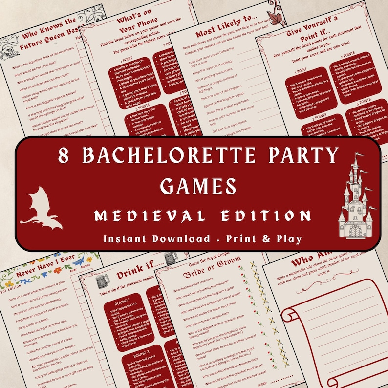 Puede incluir: Una colecci&oacute;n de ocho hojas de juegos para despedida de soltera con tem&aacute;tica medieval, con texto y bordes en rojo oscuro sobre un fondo crema. El banner central dice 8 BACHELORETTE PARTY GAMES MEDIEVAL EDITION con un icono de drag&oacute;n y castillo.