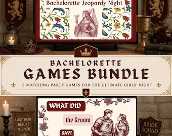Paquete de juegos para despedida de soltera "Last Knight Out", "Medieval Bridal Jeopardy" y "¿Qué dijo el novio?", juegos editables para fiestas en Canva, descarga digital.