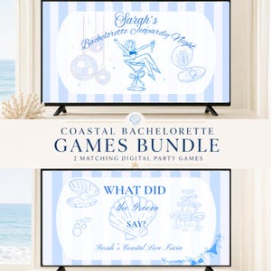 Puede incluir: Un paquete de juegos digitales para fiestas con dos pantallas de rayas azul claro y blancas. La pantalla superior muestra Sarah's Bachelorette Jeopardy Night con una ilustración de copa de martini. La pantalla inferior muestra What Did the Groom Say con gráficos de conchas.