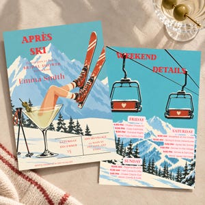 May include: Two rectangular paper invitations with a light blue background featuring snowy mountains and pine trees. The first card shows a martini glass with legs and skis, reading APRÈS SKI, BRIDAL SHOWER, and Emma Smith. The second card shows ski lifts, reading WEEKEND DETAILS with a schedule for Friday, Saturday, and Sunday.