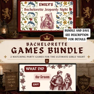 Puede incluir: Un paquete de juegos para despedida de soltera que incluye dos tarjetas de juego con ilustraciones de estilo medieval. La tarjeta superior muestra 'Emily's Bachelorette Jeopardy Night' con una mujer sosteniendo una copa. La tarjeta inferior muestra 'What did the Groom say?' con un caballero y una mujer. El dise&ntilde;o incluye patrones florales, coronas y escudos.
