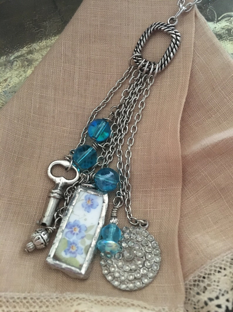 Broken China Dangle Necklace Blue