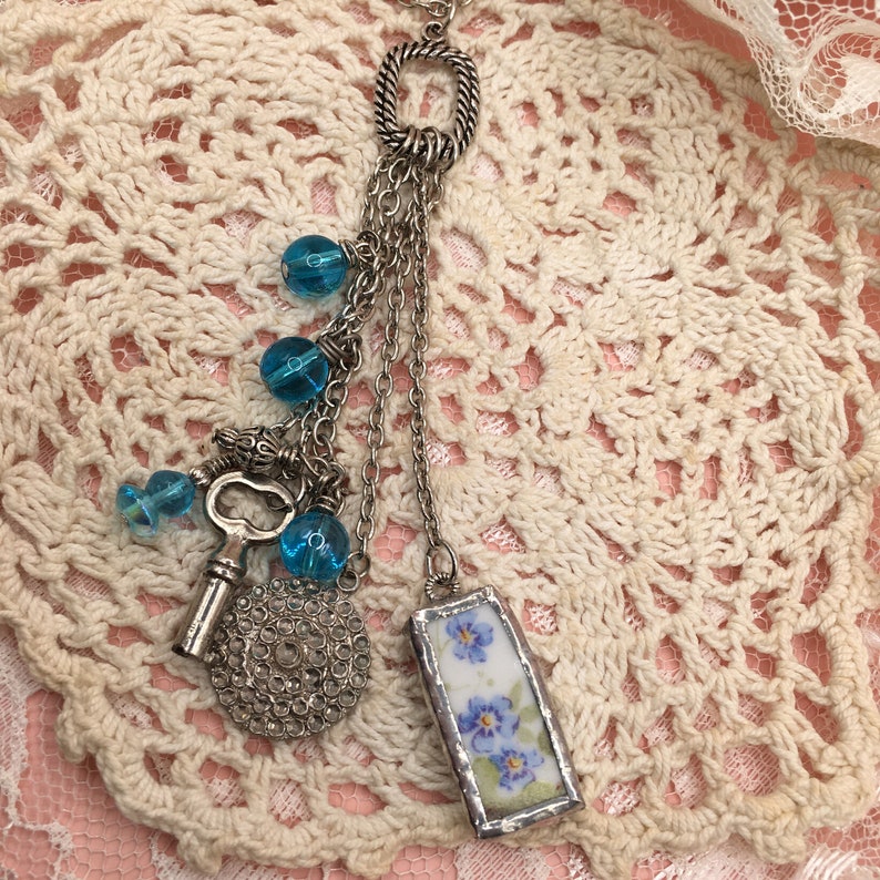 Broken China Dangle Necklace Blue