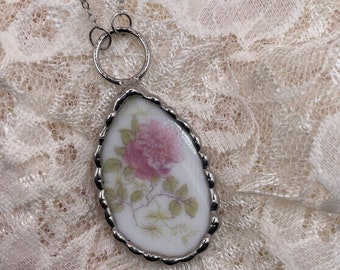 Broken China Necklace Pendant Pink Rose