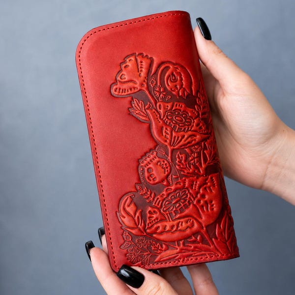 Handmade Red Leather Trifold Wallet: Tooled Poppy Flower Design, ID Window Purse
