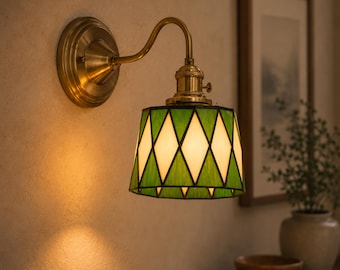 Bedside Wall Sconce Vintage Tiffany Lamp Stained Glass Retro Green Copper Bedroom Bathroom Lighting Hallway Fixture Foyer Handcrafted Shade