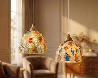 Glass Pendant Light Mosaic Lamp Tiffany Style Hanging Fixture Kitchen Island Dining Room Ceiling Chandelier Vintage Artistic Colorful