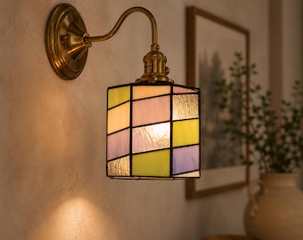 Geometric Tiffany Glass Wall Sconce Rotatable Copper Bedside Lamp, Pastel Checkered Bathroom Vanity Light