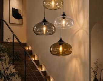 Lampada a sospensione in vetro, lampada a sospensione ovale in vetro ambrato per isola cucina, lampada a sospensione in stile moderno di metà secolo, paralume per soffitto della sala da pranzo, camera da letto retrò
