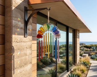 Regenbogen Seeglas Windspiel, Glasmalerei Sonnenfänger, Outdoor Suncatcher Kristall Anhänger, Organic Modern Garten Decor Geschenk
