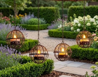 Faroles solares colgantes para exteriores, luces de globo de alambre para velas, ideales para la decoración de jardines, patios y pérgolas, lámparas colgantes rústicas para el jardín.