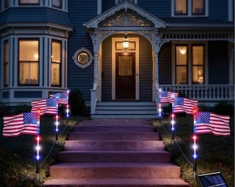 8pc Solar American Flag Lights; Patriotic Outdoor Garden Stakes Yard Decor for 4th of July, Memorial Day & Veterans