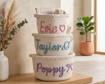 Personalized Cotton Rope Basket Set | Custom Name Nursery Storage | Neutral Baby Toy Organizer | Aesthetic Newborn Gift