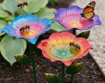 Metal Flower Bird Feeder Stake | Colorful Outdoor Garden Art Decor | Standing Bee Waterer & Wild Bird Seed Catchers for Yard Courtyard