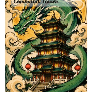 May include: A rectangular card featuring the text Command Tower at the top and 1/1 at the bottom. The illustration depicts a multi-tiered pagoda with red lanterns, surrounded by a large green dragon against a yellow circular background.