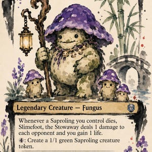 May include: A trading card featuring Slimefoot, the Stowaway, a creature with a purple mushroom cap, holding a wooden staff with a lantern. Three smaller mushroom creatures stand nearby. The card includes text, game stats, and a 2/3 power rating.