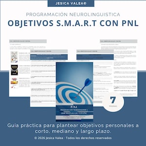 Puede incluir: Un conjunto de documentos impresos con el título "OBJETIVOS S.M.A.R.T CON PNL" en azul y blanco. Los documentos incluyen texto y gráficos, con una imagen central de un dardo que golpea un objetivo. El texto "7 PÁGINAS" también es visible.