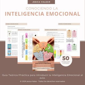 Puede incluir: Una guía titulada "Conociendo la Inteligencia Emocional" con el texto "50 páginas súper ilustradas". La portada presenta un gráfico de rompecabezas y el texto "Guía Teórico/Práctica para introducir la Inteligencia Emocional al aula."