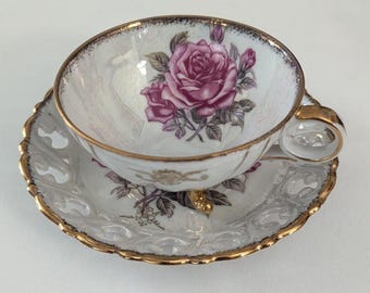 Set vintage di tazza da tè con piattino traforato e base in porcellana Cherry Lusterware, Giappone, anni '50.