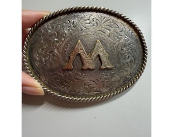 Montana Silberschmied Gürtelschnalle Initial M Sterling Silber Platte mit Goldzier