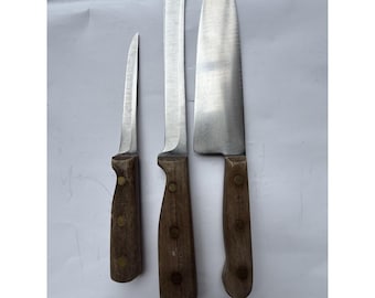 Lote de cuchillos antiguos Chicago Cutlery 42S, 66S y 62S con mango de nogal.