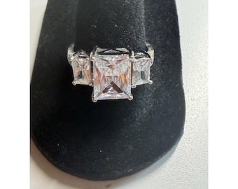 Ring Silver 3 Stone Rectangle Cubic Zirconia Stones Sterling 925 Band Size 8