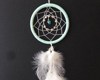Dream Catcher for Car Mirror- Baby Blue, Turquoise Stone, White Feathers