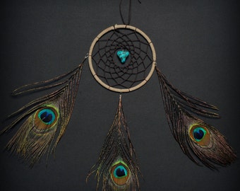 Tri Peacock Feather Turquoise Brown Small Dream Catcher